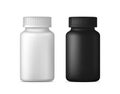 Realistic vector pill bottle. White and black plastic medicine container for drugs. Sport, health and nutritional supplements. Moc Royalty Free Stock Photo